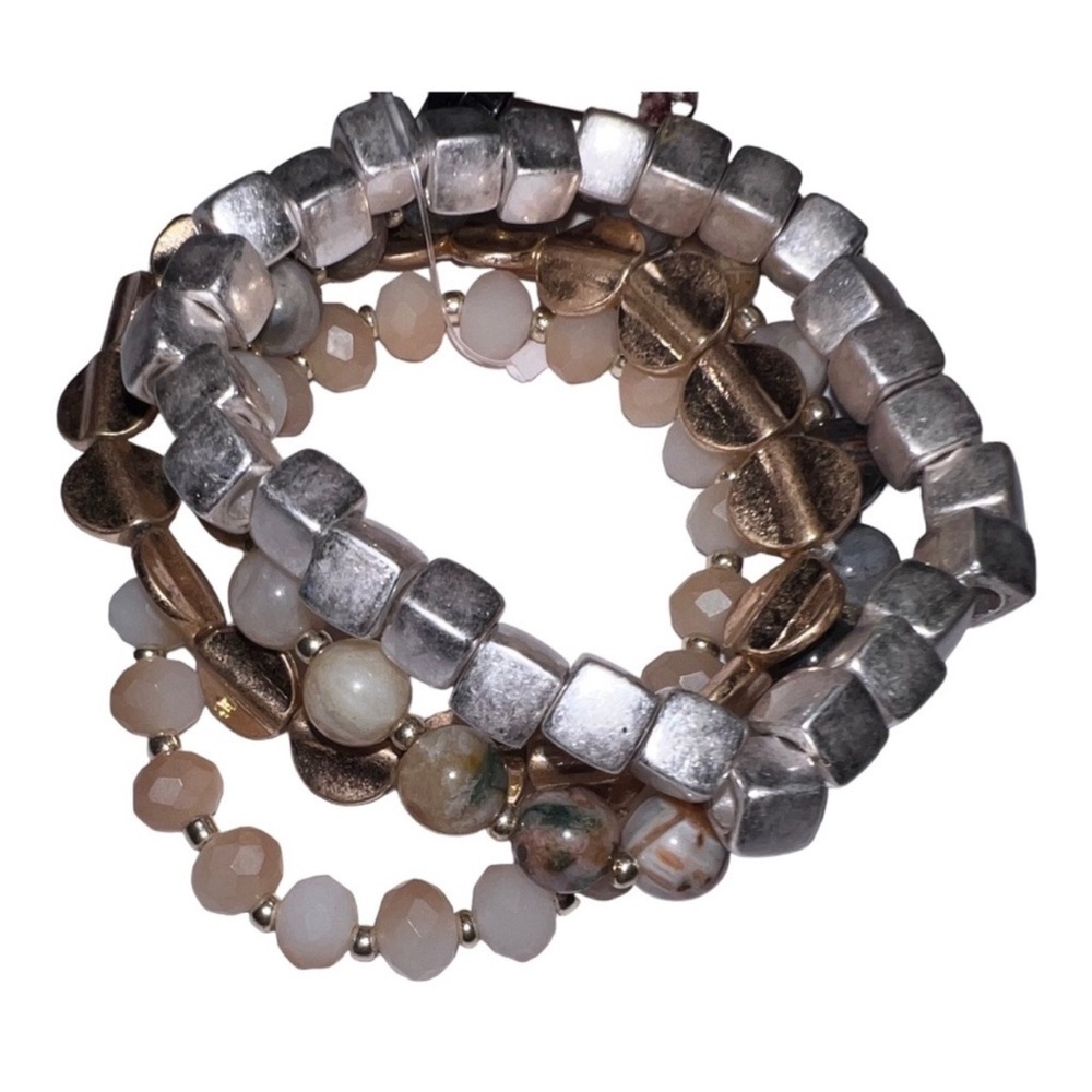 Four Strand Gold and Silver Accent Bead Multicolored Stretchy Bracelet Set